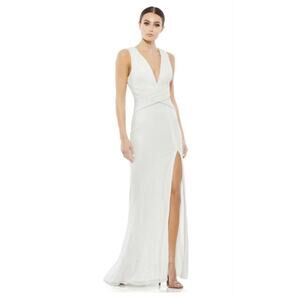 Mac Duggal V-Neck Sequin Wrap Waist Gown White Size 8 NWT